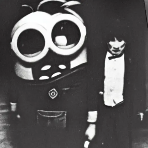 Image similar to A high quality black and white photo of the world's most infamous, serial killer, a minion named Minion the Ripper, shortly after claiming his last victim circa 1892.