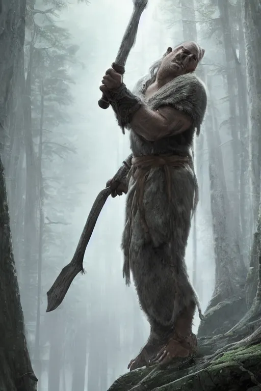 Image similar to a male orc druid, wearing a grey fur robe, holding a wooden staff in his right hand, Matte painting , detailed painting, greg rutkowski