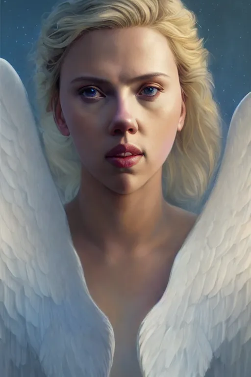 Image similar to Scarlett Johansson as a Heavenly Angel ,anatomy, only two hands, highly detailed, digital painting, artstation, concept art, smooth, sharp focus, illustration, Unreal Engine 5, 8K, art by art by artgerm and greg rutkowski and edgar maxence