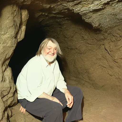 Image similar to laughing robert wyatt sitting in a cave