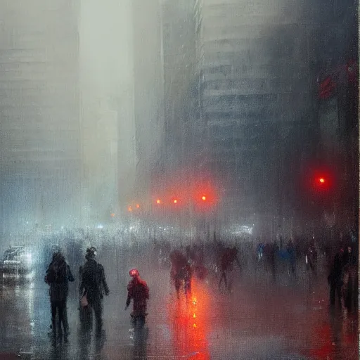 Image similar to dallas skyline, street scene, light rain and gentle fog, people crowding, painting by jeremy mann