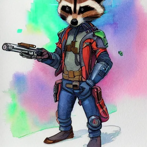 Prompt: racoon holding a laser gun, guardians of the galaxy style, centered award winning watercolor pen illustration, by caroline choi, edited by range murata