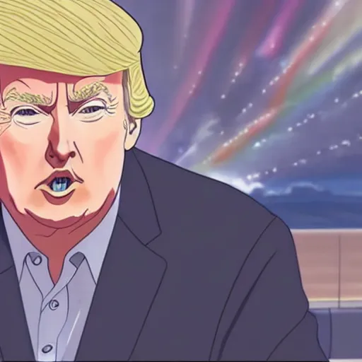 Prompt: Animation of Donald Trump in Kimi No Na Wa, Your Name, Matoko Shinkai, beautiful, anime, colorful, animation, CoMix Wave Films