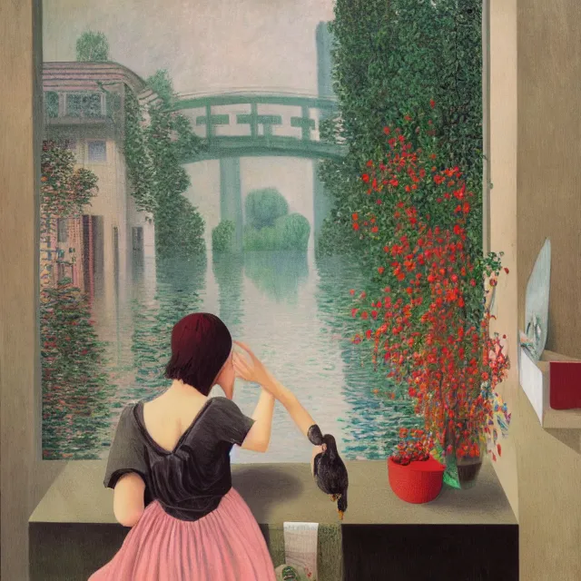 Prompt: emo girl in her apartment, a river flooding inside, pigs, plants in glass vase, pork, water, river, rapids, canoe, pomegranate, berries dripping, waterfall, swans, acrylic on canvas, surrealist, by magritte and monet