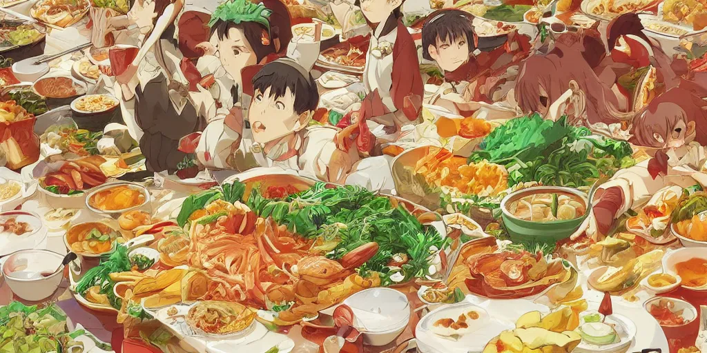 Image similar to A feast for a king, very detailed, anime, Delicious, Plump, Juicy, Hot Food, large white border, hd, high resolution print :1 Red, Gold and Green by Sachin Teng, Hayao Miyazaki, Nausicaa, studio Ghibli style, Anime wallpaper, cell shading, trending on deviant art :1