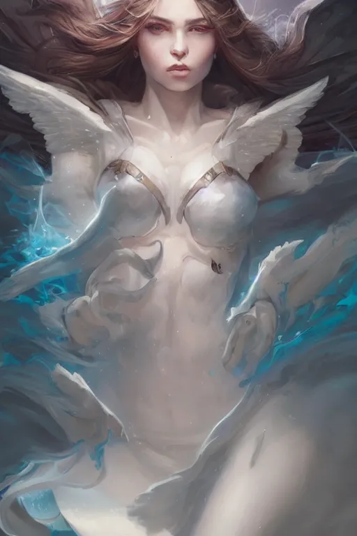 Image similar to half body closeup beautiful girl warrior in white dress, casting magic spell, angel, magic storm and thunder clouds, fantasy, magic the gathering, hyper detailed, 3 d render, hyper realistic detailed portrait, peter mohrbacher