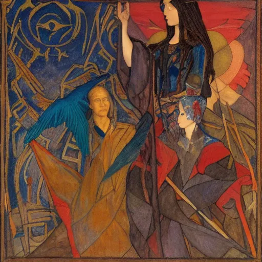 Image similar to war between the house of crows and the house of moths, by Annie Swynnerton and and Nicholas Roerich and Diego Rivera, symbolist, dramatic lighting, embroidered brocade robes, god rays, rich colors,smooth, sharp focus, extremely detailed