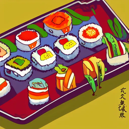 Prompt: illustration of tasty colorful sushi, in traditional japan style, by makoto shinkai and takashi takeuchi