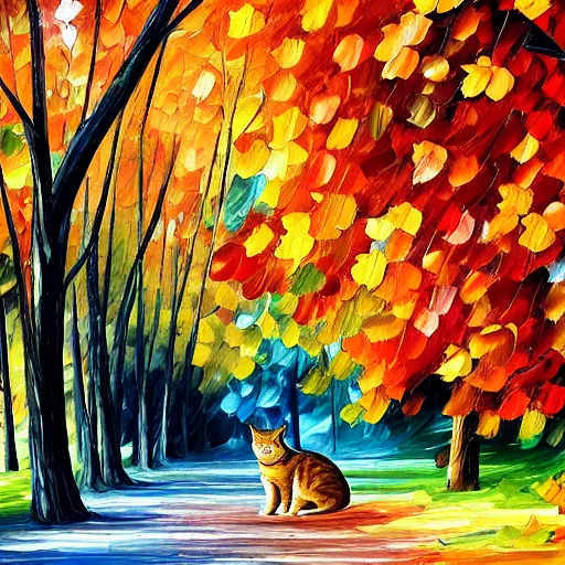 Image similar to tabby cat sitting under beautiful fall trees, detailed painting in the style of leonid afremov 4 k