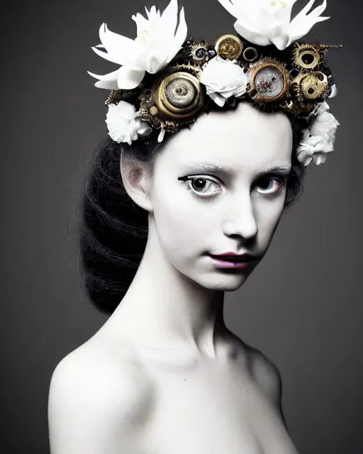 Prompt: a black and white high quality dreamy photo of a young beautiful female queen-pale dragon-vegetal-cyborg bust with a very long cyborg neck and a steampunk flower crown, elegant, highly detailed, poetic, soft, dreamy, mysterious, high fashion, in the style of Horst P. Horst, Metropolis, Realistic, Refined, Digital Art, Highly Detailed, Cinematic Lighting, rim light, black and white, photo-realistic, 8K