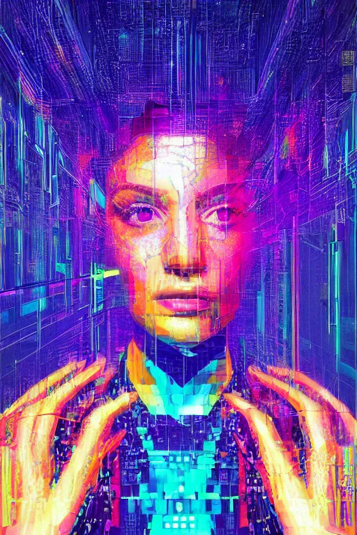 Image similar to surreal raw portrait, digital painting, an beautiful, crazy hacker girl, lost in code, synthwave, glitch!!, fractured reality, refraction, glitter, realistic, hyperdetailed, golden hour, concept art, art by syd mead, cubism