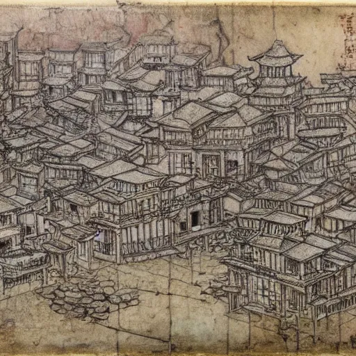 Image similar to sketches of kowloon walled city drawn by leonardo davinci on stained and crumbled paper, highly detailed, intricate, high quality scan