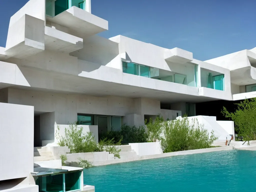 Prompt: habitat 6 7, white terraced architecture house in the dessert, many plants and infinite pool, colorful glass wall, joyful people in the house
