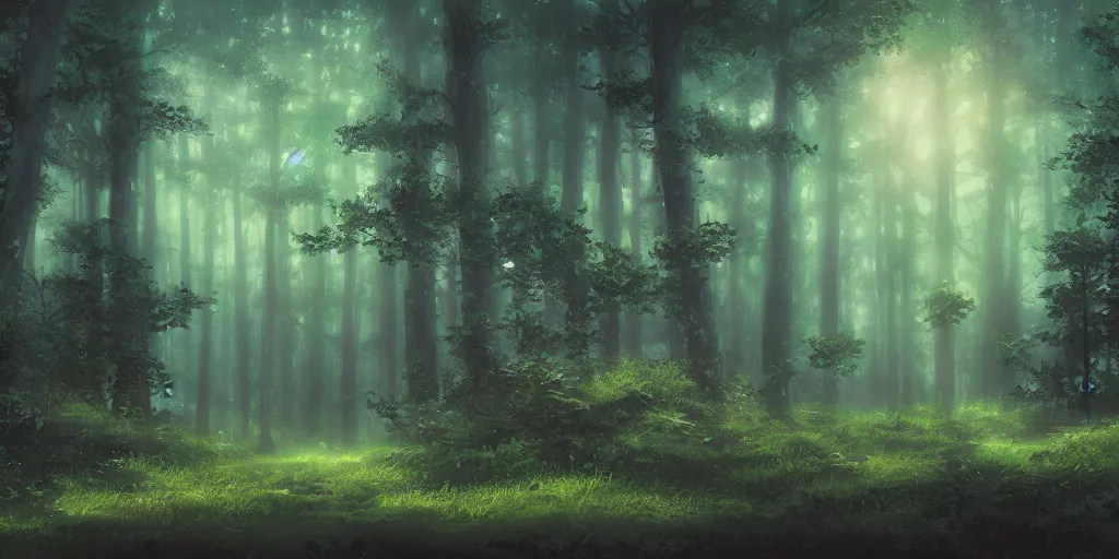 Image similar to a forest at night, cinematic angle, studio Ghibli, cinematic lighting, digital art, detailed oil painting, hyperrealistic, 8k