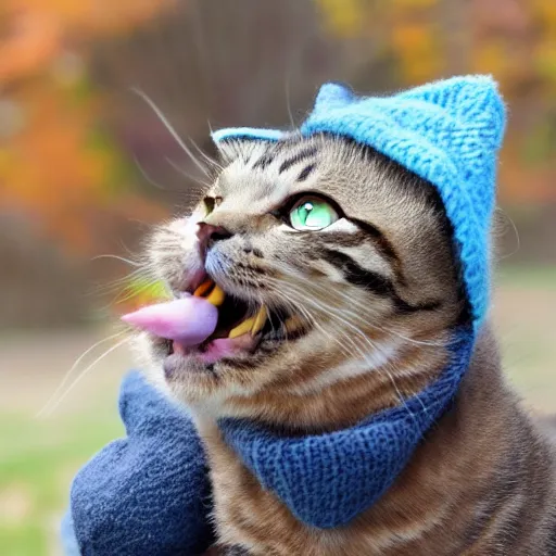 Image similar to cute cat photo licking tongue, wearing wool hat cat ears