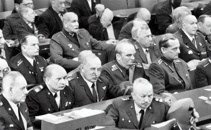 Image similar to 50s movie still of very diverse soviet generals head with very detailed faces in a stalinist parlement, by Alexei Guerman, Cinestill 800t 35mm black and white, heavy grainy picture, very detailed, high quality, 4k, HD criterion, precise texture, high quality diversity of faces