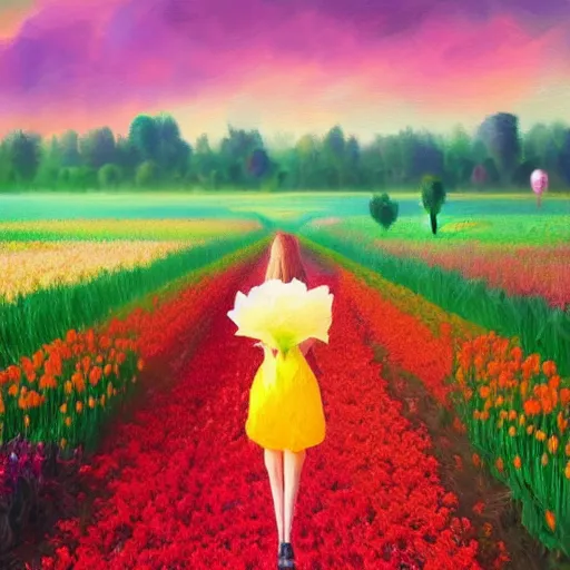 Prompt: large tulip as a face, girl walking in a flower field, surreal photography, sunrise dramatic light, impressionist painting, colorful clouds, digital painting, artstation, simon stalenhag