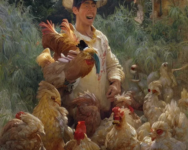 Image similar to a man dressed as a chicken scaring asian childrens, highly detailed painting by gaston bussiere, craig mullins, j. c. leyendecker 8 k