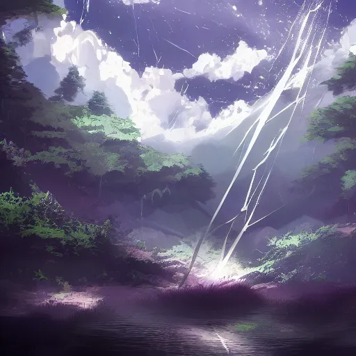 Image similar to far deep drop, to the sky to the top, lakes we cross to see the trees, lost and gone, suffer disease, trending on artstation, anime style 4 k