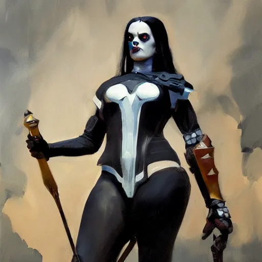 Prompt: greg manchess portrait painting of partially armored wednesday from addams family as overwatch character, medium shot, asymmetrical, profile picture, organic painting, sunny day, matte painting, bold shapes, hard edges, street art, trending on artstation, by huang guangjian and gil elvgren and greg rutkowski