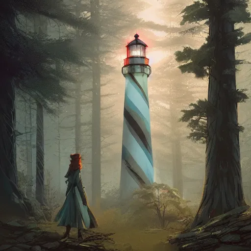 Prompt: a magical lighthouse in the middle of the woods, magical forest, by Jordan Grimmer and greg rutkowski, crisp lines and color,