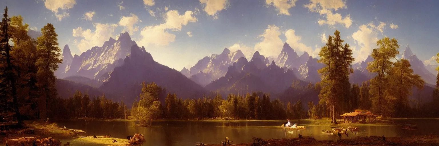 Image similar to beautiful albert bierstadt landscape painting of beautiful mountains and lakes with a mcdonald ’ s fast food restaurant in the scene