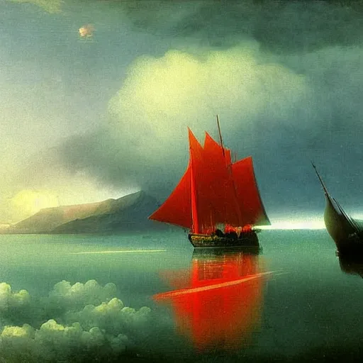 Prompt: minimalist symmetrical red clouds and green ocean in iceland fjord with tall sailboat painting by ivan aivazovsky