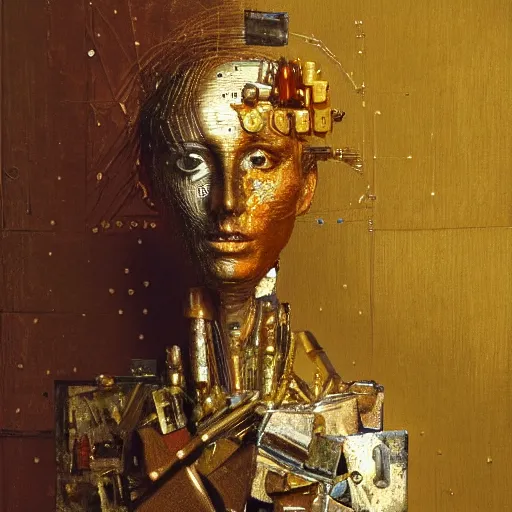 Image similar to a sculpture portrait made of fabric and screws and slides and gold, painting part by wojciech siudmak, part by ilya repin, part by max ernst, part by norman rockwell, artstation