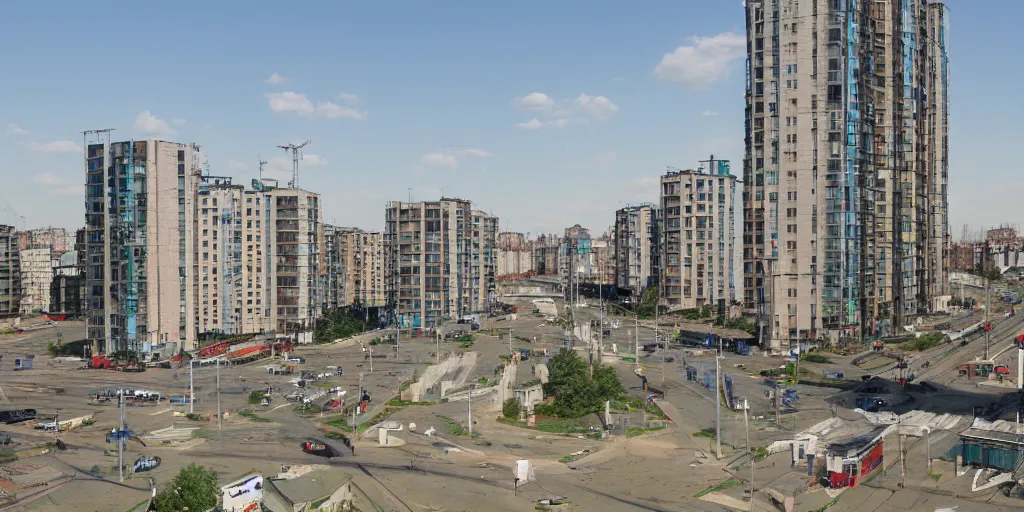 Prompt: photo of a low income highrise geometric Russian city, apartments, train station, avenues. Square with a statue of leader