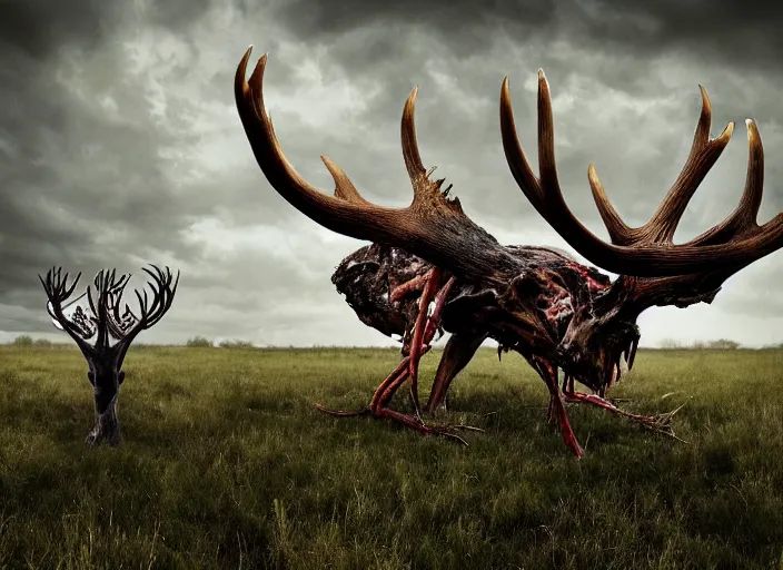 Image similar to photograph of a horrifying nature monster made of animal parts, tree parts, bones, antlers and an extremely long neck, in a meadow, nightmare, designed by ken barthelmey, dramatic lighting, full frame photography