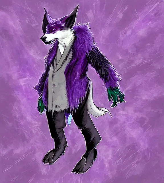 Prompt: ( with a glowing rainbow tail ) a purple wolfbat fursona ( from the furry fandom ) wearing an eyepatch, he is travelling through a shadowy city, an affable devil among demons, neo - noir tone of max payne, style of purple rain album cover ( by prince ), dark colors