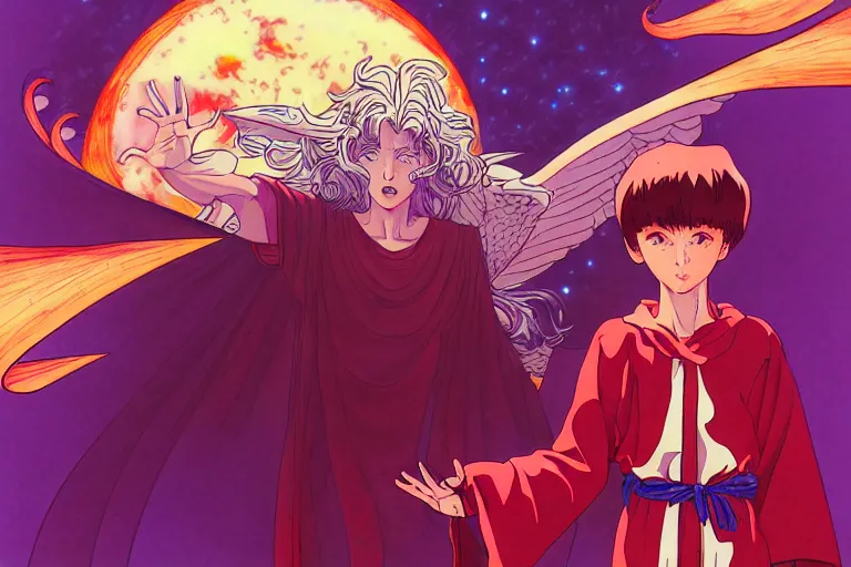 Image similar to digital illustration of a surprised child summoning a powerful demon, clean lines, extreme detail, cel shaded anime key visual in the style of moebius, ayami kojima, 9 0's anime, retro fantasy