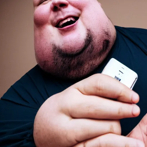 Prompt: a fat man trying to eat an iPhone as the world is burning