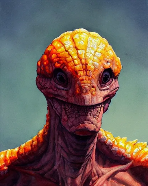 Prompt: a oil / watercolor painting full body character portrait of a humanoid dinosaur civilian in the style of moebius in the style of leonard boyarsky trending on artstation deviantart pinterest detailed photorealistic highlights and shadow hd 8 k post - processing high resolution