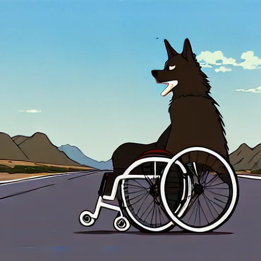 Prompt: a study of cell shaded cartoon of a wolf in a wheelchair from howl's moving castle ( 2 0 0 4 ) on a desert road, full body, wide shot, very muted colors, post grunge, studio ghibli, laurie greasley, highly detailed, deviantart, art by artgem