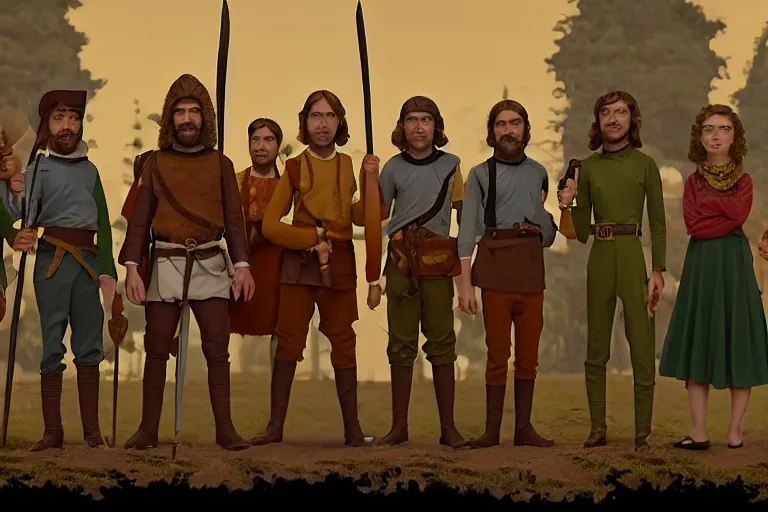 Image similar to A group of 5 high fantasy adventurers lined up for a group portrait, Screenshot of Wes Anderson's New RPG Movie, directed by Wes Anderson, Chest high, Photo realistic, Regal, Formal, Cinematic, Symmetrical, Satisfying dynamic lighting, Highly Detailed, Cinematic Lighting, 8k, HD