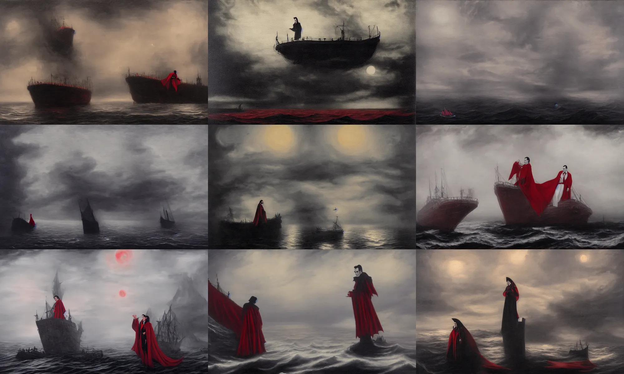 Prompt: dracula on deck of the ship demeter in the middle of the ocean in a polar region, very detailed oil painting, foggy, moody, atmospheric, spooky, elegant, curly, red, white and black