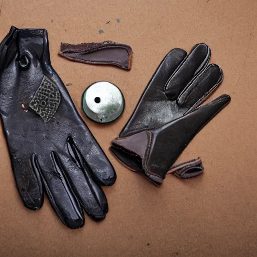 Prompt: equipment cutout, gloves, damaged and tattered, deteriorated fine leather gloves