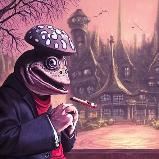 Image similar to A portrait of a scary godlike anthropomorphic frog smoking a cigarette , mushroom mansion in the background . award winning. superb resolution. in the art style of junji Ito and greg rutkowski . Detailed Mushroom city in background. Hyper realistic anime. Perfect art. Dalle2