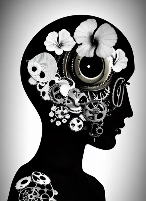 Image similar to black and white dreamy foggy profile face portrait, one steampunk eye biomechanical beautiful young female cyclope - cyborg - robot bust, body ribs meshes,, volumetric light, hibiscus flowers, by hg giger, rim light, by dora maar and cecile beaton, big gothic fashion pearl embroidered collar, 8 k