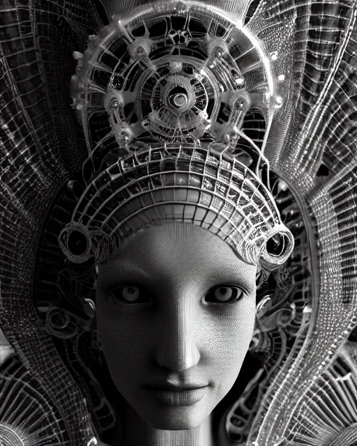 Prompt: mythical dreamy black and white organic bio-mechanical spinal ribbed profile face portrait detail of translucent steampunk mechanical beautiful female angelic-human-queen-realistic-cyborg, highly detailed, intricate crystal jelly ornate, poetic, 3D render, digital art, octane render, 8K artistic photography, photo-realistic, by Dora Maar