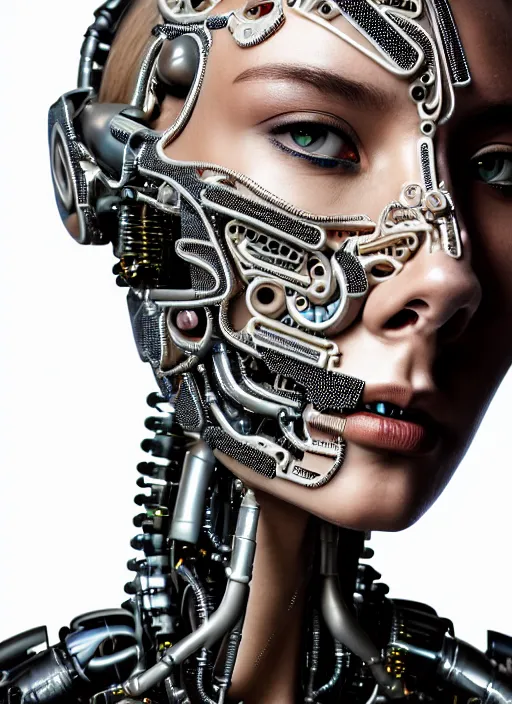 Prompt: a stunning young female cyborg profile face, face is made intricate tribal bio - mechanical, editorial photography, shot on 7 0 mm, depth of field, f / 2. 8, high contrast, 1 6 k, rays of shimmering light, volumetric lighting, shiny, insanely detailed and intricate, hypermaximalist, elegant, ornate, hyper realistic, super detailed