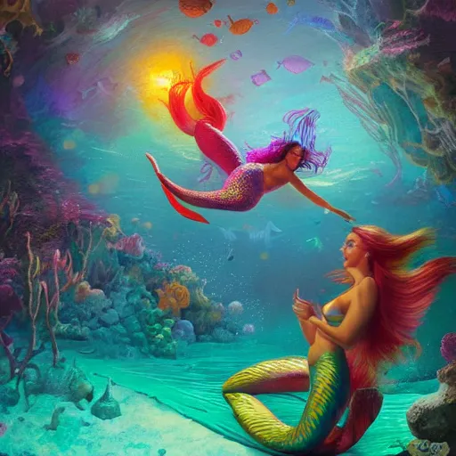 Image similar to a beautiful vivid colorful matte painting of mermaids dancing at an underwater discotheque by Grzegorz greg rutkowski and Tyler Edlin, with a disco ball, under the sea, ocean details, trending on ArtStation hq