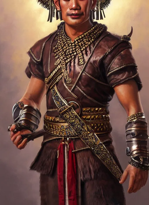 Image similar to smart ramkhamheang, closeup portrait, without beard and mustache, historical hero, ethnic group, tai costume, thai transitional bronze headdress, intricate, with leather armor cross on bare chest, elegant, loin cloth, highly detailed, oil painting, artstation, concept art, matte, sharp focus, illustration, hearthstone, art by earl norem