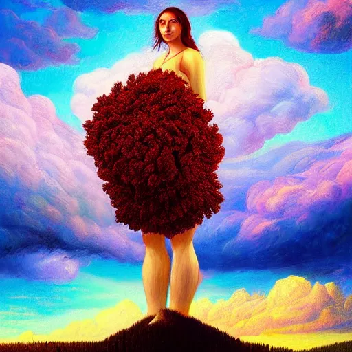 Image similar to giant flower head, frontal, woman standing on mountain, surreal photography, stormy sky, colorful clouds, impressionist painting, digital painting, artstation, rob gonsalves