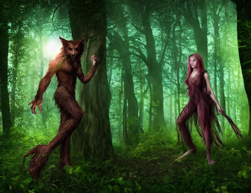Prompt: faerie werewolf wandering in the woods. safe for work, complementary colors, professional photography, matte painting, luminescent, 3 d render, 4 k, rimlight.