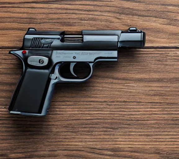 Image similar to a full shot photo of a pistol gun laying on a desk