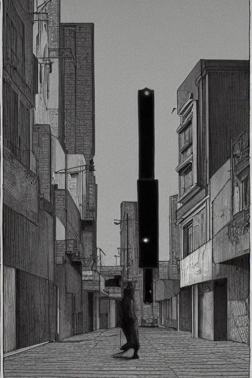 Image similar to eerie tel aviv street mystery at dusk, film noire scene. by moebius, giorgio de chirico, edward hopper