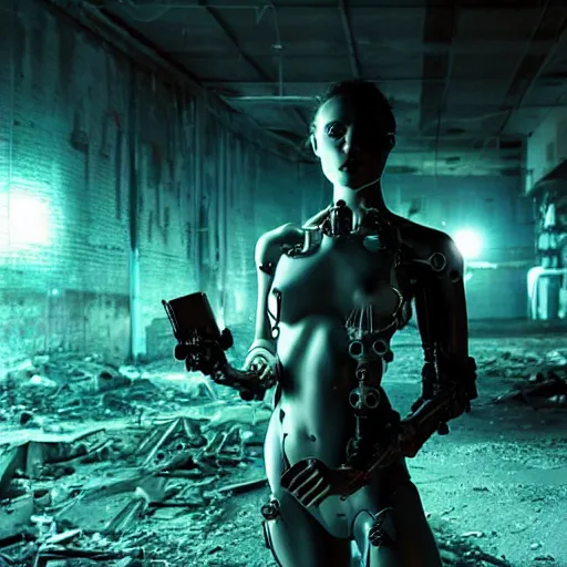 Prompt: stunning, breathtaking, awe-inspiring award-winning photo of a biomorphic female cyborg in a desolate abandoned post-apocalyptic industrial city at night, moody blue lighting