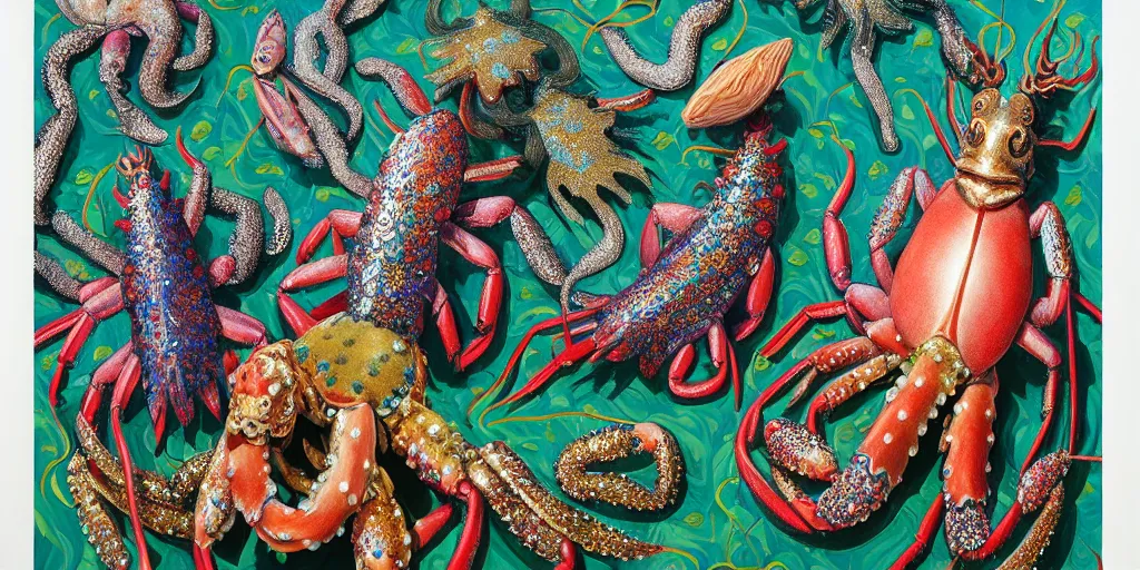 Image similar to imaginary animals, squid, horse, lobster, turtles by raqib shaw, made from oil metallic paint glitter rhinestones and graphite on white paper,